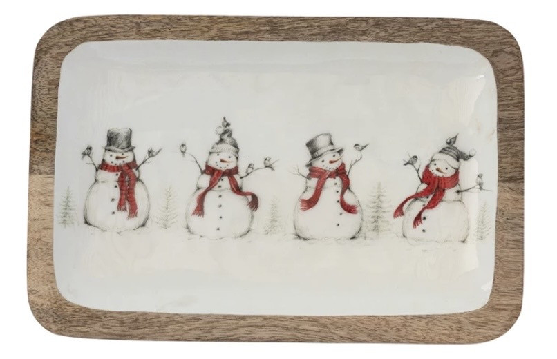 Platter - Holiday, Snowman Wood & Enamel Platter