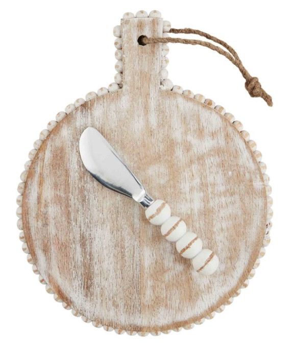 Platter - White Beaded Round Wood Board Set