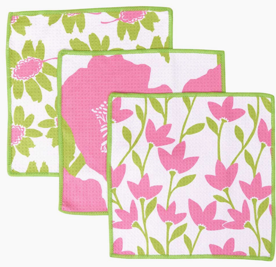 Dish Cloth - Microfiber, Pink Poppies (set of 3)